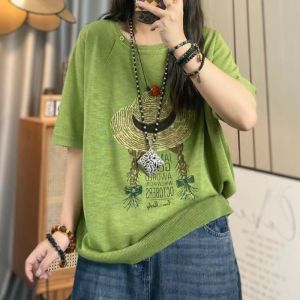 Áo Thun Dệt Kim Cổ Tròn in Họa Tiết Mùa Hè Cho Nữ Áo Thun Cotton Mềm Mại Thoáng Khí Thoải Mái Phong Cách Thường Ngày Đa Năng Áo Tay Ngắn