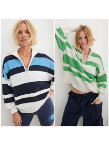 100% Cotton Striped Knitwear Womens Loose Fit Half Zipper Sweater Comfortable Lazy Style XXS-XL Size Autumn Warm Long Sleeve