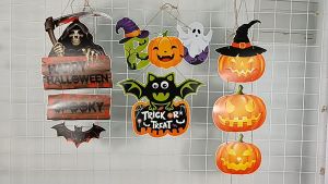 Halloween Door Hanging Decoration – Pumpkin Ghost & Bat Pendant Banner Trick or Treat Happy Halloween Party Ornaments for Home Window or Porch