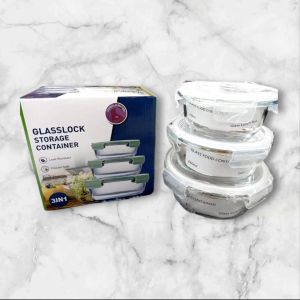 Satu Set Kotak Makan Kaca  /  isi 3 Storage box/bentuk bulat