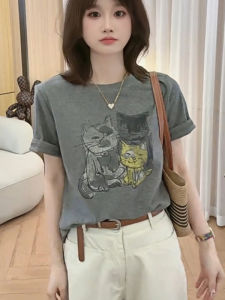 BINKAFENNY | Cat Print Short Sleeve Loose Fit Womens T-Shirt Summer 2025 Korean Style Plus Size Slimming Top Shoulder Width Regular