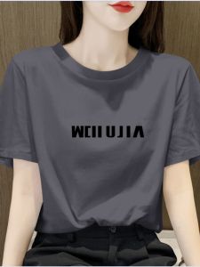 Unique plus Size Loose 100% Cotton Short Sleeve T-Shirt Womens Summer Versatile Slimming Letter Print Top for Plump Girls
