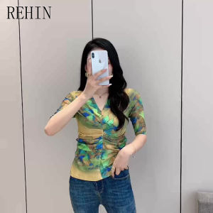 REHIN เสื้อผู้หญิงคอวีพิมพ์ ลายดอกไม้ แขนสั้นตา ข่ายจีบ สีน้ำ