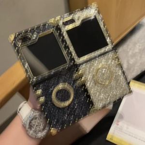 Sparkling Gold Faux Rhinestone Leather Square Phone Case for Samsung Galaxy Z Flip 8 6 5 4 3 Flip 7 FE with Shiny Ring Holder