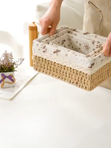 Hand Woven Rattan Basket Storage Basket with Lid Woven Basket Organizer Fabric Rattan Box Picnic Basket Wood Basket