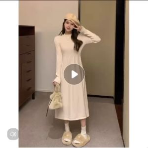 AN-5044 Korean Fashion Maxi Dress For Women Plain Casual Knitted Dress Long Sleeve High Neck Retro Elegant Long Dresses High Quality