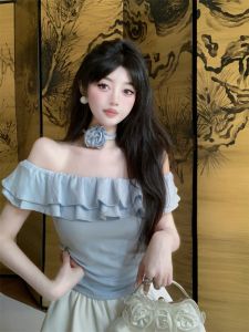 GUZILIAN | Sweet Short Shoulder Bell Sleeve Shirt Womens Style Summer Slimming Top Korean Commute Style Not Available In Stores