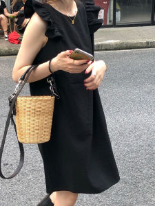 Black Miniature Sleeveless Dress Womens Summer New Style Short Skirt Korean Version round Neck Loose Waist Solid Color