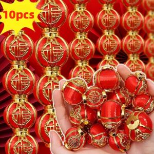 CNY Decoration 10pcs Mini Chinese Lanterns Round Red Silk Thread Lantern with Blessing Gold Frame for Spring Festival New Year Decoration