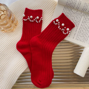 Red Pearl Mid-Calf Socks Womens Fashionable Korean Style Double Needle New Year Lucky Horse Year Cotton Solid Color Socks