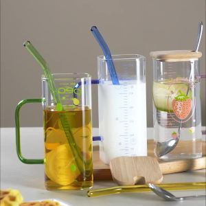 【750ml】Glass cup straw water cup with high appearance and handle graduated cup with lid spoon girls heart fruit printed cup