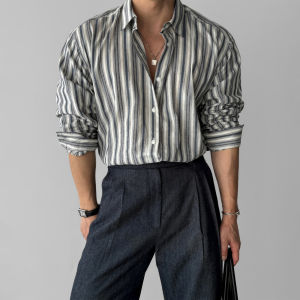 Loose Fit Long Sleeve Mens Shirt Vertical Stripes Hong Kong Style Retro Autumn New Arrival Fashionable Casual Outerwear