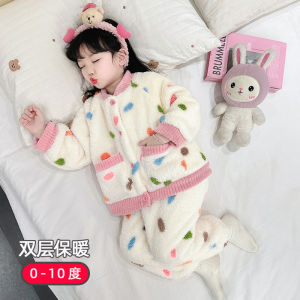 Girl Pajamas Winter Fleece-lined Thickened Kids Coral Fleece Hood Suit Baby Girl Flannel Home Wear