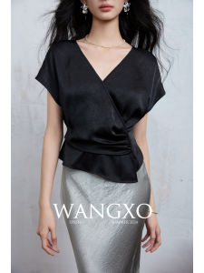 WANGXO | Áo Sơ Mi Cổ V Chéo Rút Gọn Tay In Hoa Mẫu Thanh Lịch Chất Liệu Như Lụa