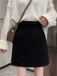 plus Size High Waist Slimming Woolen Mini Skirt Womens Autumn Winter Korean Style A-Line Black Short Skirt Commute Fashion