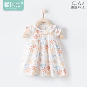 Princess Style Floral Print Cotton Dress for Girls Lightweight Summer Clothes Short Sleeve A-Line Skirt Breathable  Style