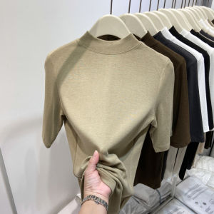 Slim Fit Half High Collar Five Sleeve T-Shirt Womens Early Autumn New Style Inner Wear mid Sleeve Base Shirt Commute Style