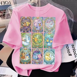 Bandai | New Summer Pure Cotton Pokémon Printed Short‑Sleeve Top Crew Neck Loose Fit Casual Style for Boys & Girls in Multiple Sizes