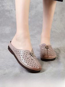SHIPAILUO | Womens Leather Sandals Summer New Style Hollow Out Genuine Leather Retro Flat Head Cover Slippers Casual Wear Everyday Footwear