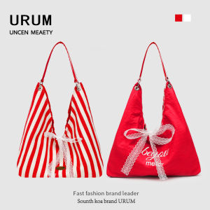 URUM Summer Stripe Canvas Tote Bag Womens Commuter Korean Style Single Shoulder Bag for Class And Travel Double Sided