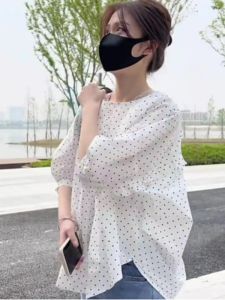 AIYITI | Cute Sweet White Polka Dot Loose Short Sleeve Shirt Female Large Size