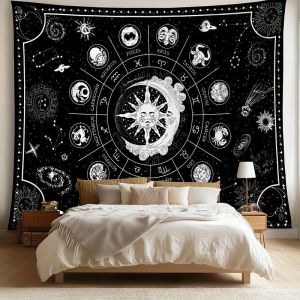 VIKAMA Rainbow Alien UFO Graffiti Tapestry Ins Psychic Hippie Black and White Line Background Cloth Wall Decoration Room Decor