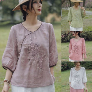 LUCKIN STORE Blouses for women Summer Cotton Linen Top Womens New Embroidery Art Short Womens Retro Chinese Style Ethnic Style T-shirt  Blouses Blouse Women ﻿ ﻿ 新年衣服2025 Hanfu women chinese 红色上衣女 cny top
