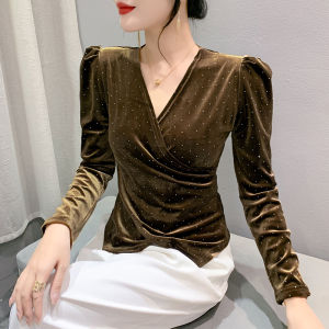 Yimei Áo cánh Hàn Quốc cổ chữ V cổ chữ V Áo sơ mi lưng nhung không đều Áo Phông xẻ mùa thu 2023 dáng ôm mới cho nữ