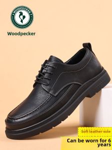 Woodpecker Mens Shoes Casual Leather Slip-On round Toe Soft Bottom Black Business Formal Mens Casual Leather Shoes