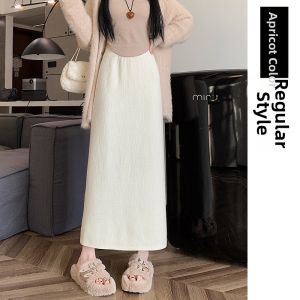 White Knitted Fleece Lined Asymmetrical High Waist Thickened A-Line Mini Skirt for Women Spring Autumn Winter Straight Cut Bodycon Skirt