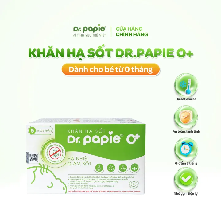 Khăn Hạ Sốt Dr.Papie 0+ Hạ sốt Vật lý Chuẩn Nhi Khoa, Ngăn Ngừa Co Giật Cho Bé Từ Sơ Sinh (Hộp 5 Gói x 5 Khăn/Gói)