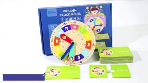 Wooden Clock Model Teaching Aid Montessori Learning Clocks with Cards Kindergartner Toy for Game Interaction Playroom Wall