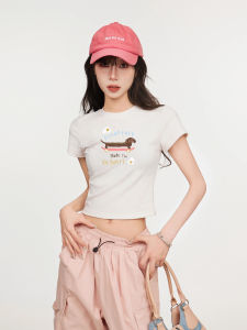 American Style White Short Sleeve T-Shirt Women Summer 2024 Slim Fit Belly Baring Half Sleeve Short Length Top round Neck
