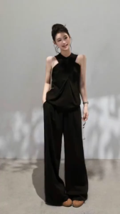 QC_ Set đồ nữ xinh đồ công sở nữ thanh lịch áo chéo cổ có dây kéo Tuyết Mưa phối quần dài suông