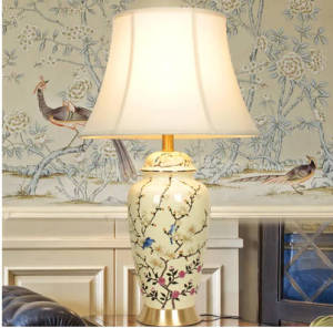 Chinese Table Lamp Bedside Lamp Idyllic Living Room Villa Hotel Decoration Desk Lamp Copper Ceramic