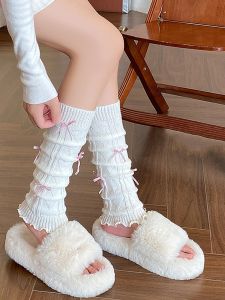 Sweet White Bows Pile Style Foot Sock Ballet Style Young Adult Pink Heart Leg Warmer Lolita Tree Fungus-like Lacework JK
