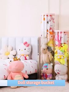 【Free Led Light】Dustproof Doll Storage Bucket Cylindrical Transparent Stuffed Toy Organizer Doll Storage Tube Clothes Organizer PVC Toy Box Container Childrens Plush Toys Organizer Display Box