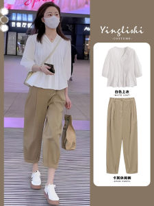 Summer New Womens Milk System Style French Fragrance Small Size Internet Celebrity Anti-Aging Set High Waist Short Sleeve Long Dress V-Neck H-Shape