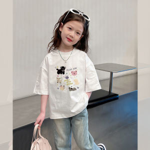 Cotton Childrens T-shirt White Short Sleeve Cartoon Print Girls Summer Top Breathable Loose Fit round Neck Pure Cotton Tee