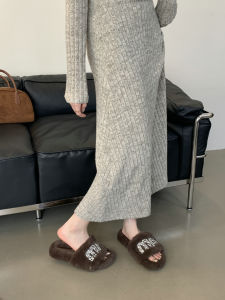 Fashionable Fleece Lined Womens Slippers Thick Heel Cotton Slippers Autumn Winter Outerwear Sheepskin Diamond Embellished Slippers