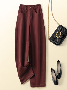 TUOYUN | กางเกงขายาวทรงตรงเอวสูงผ้าฝ้ายลายสีแดงเข้ม กางเกงขายาวทรงตรงลำลองสำหรับผู้หญิงในฤดูใบไม้ร่วงปี 2025