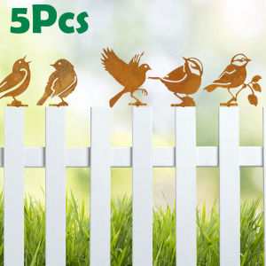 5Pcs Garden Birds Art Silhouette Sculpture Rusty Iron Metal Bird Ornament for Outdoor Garden Fence Stake Decoration