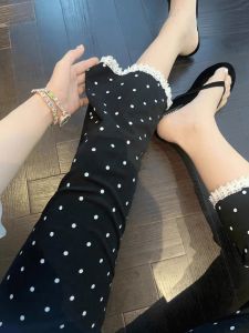 กางเกงขายาวทรงหลวมเอวสูงลายจุดสีดำ ผ้าลูกไม้ ทรงหลวม กางเกงขายาวทรงหลวมสำหรับใส่เดินเล่นในช่วงฤดูร้อนสำหรับผู้หญิง
