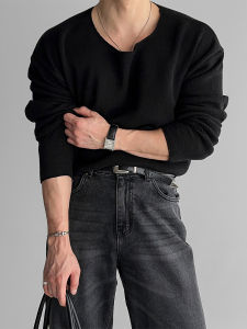 DAVID&ME | Black Low Collar Lazy INS Style Mens T-shirt Long Sleeve