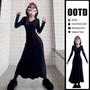 Hebe Style French Black Long Sleeve Dress Womens Autumn Winter New Model Knitted Inner Wear A-Line Midi Dress V-Neck