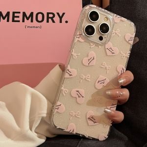 Korean Japanese Simple Full Screen Heart Butterfly Knot Sparkling Powder Suitable for Apple 14 Promax Mobile Phone Case 16 Suitable for iPhone 15 New Advanced Feeling 13 Creative Sweet Style 12pm Silicone 16 Soft Shell 11