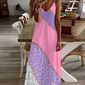 Printed Design Four Seasons casual style Pink Purple Leopard White Dots V-neck sling dress