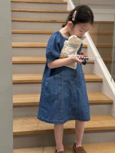 Bora Childrens Dress Girls Denim Skirt Thin Fashionable Summer Clothes Korean Style A-Line Skirt Short Sleeve Solid Color