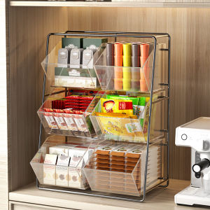 กล่องเก็บถุงชาแบบใสสำหรับโต๊ะทำงานในออฟฟิศ ชั้นวางของสำหรับเก็บถุงชา ถุงกาแฟ ถุงนมสด ชั้นวางของแบบพับได้ 3 ชั้น