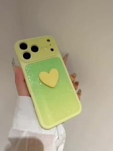 Cute Gradient Heart Phone Case For iPhone 17 16 15 14 13 12 11 Pro Max Plus Green Yellow Glitter Love Heart Cover
